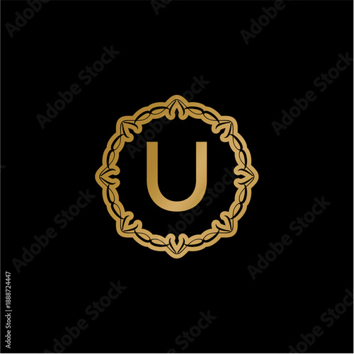 Luxurious golden letter U monogram, elegant vector graphic design featuring an ornate circular frame on a dark background, perfect for premium branding, logos, and decorative elements