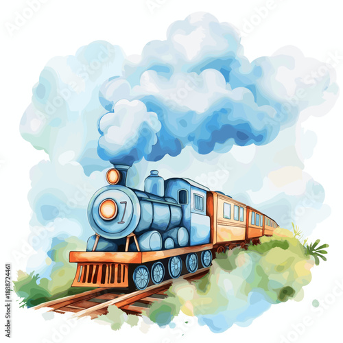Train to the Clouds. Train to the Clouds hand drawn watercolor illustration