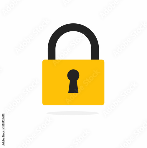 Vector illustration of a sturdy padlock with a vibrant yellow body and black shackle. Digital security, data encryption, private access authorization, and cybersecurity protection concepts.