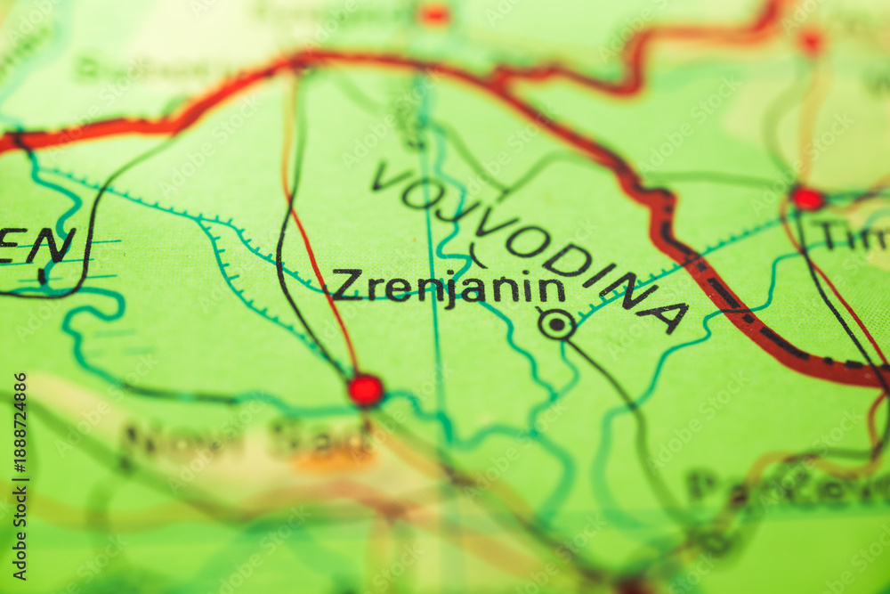 Naklejka premium Printed map closeup focusing on Zrenjanin within Vojvodina region.