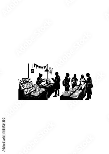 Independent Publisher Zine Stall Silhouette, DIY Art Market Vendor, Creative Community and Small Press Literature Vector