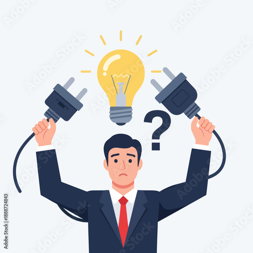 Man in Suit Holding Electrical Plugs Near Light Bulb.