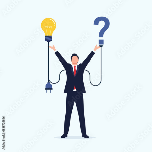 Man in Suit Holding Light Bulb and Question Mark.