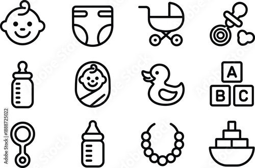 Set of twelve black-and-white baby and childcare icons, ideal for parenting guides, baby product packaging, and early childhood educational materials.