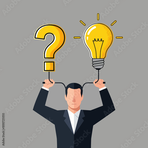 Man Holding Question Mark and Light Bulb.
