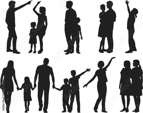 Silhouettes of diverse family group interactions with adults and children, showcasing connection, affection, and parenting dynamics in black on white background.