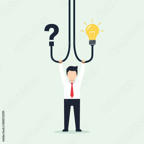 Man Choosing Between Question Mark and Light Bulb.