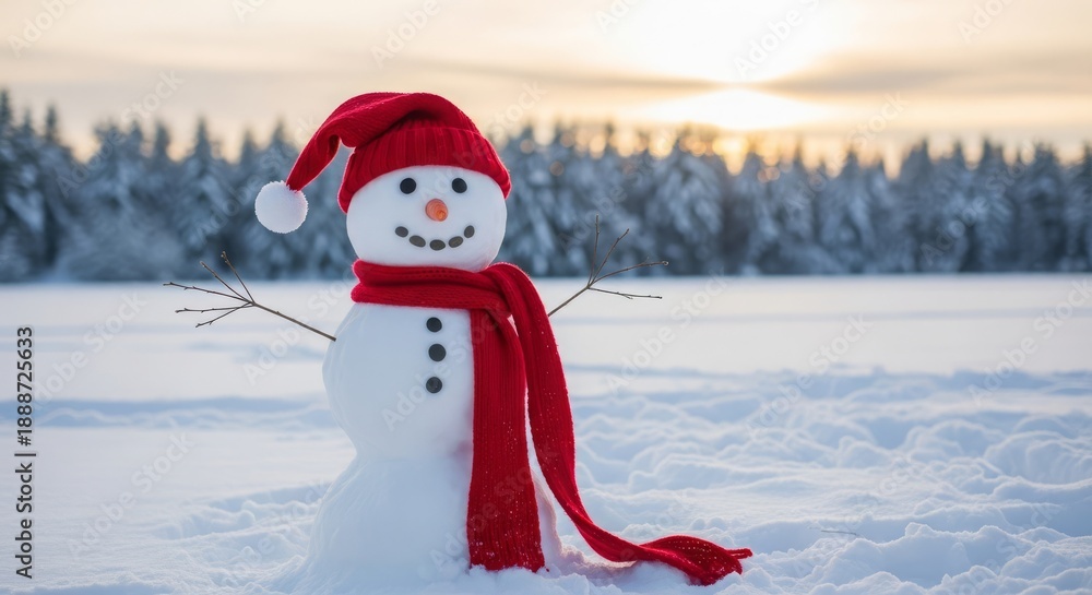 Fototapeta premium Cheerful Snowman Wearing Red Hat and Scarf Standing in Pristine Snowy Winter Landscape Golden Sunset