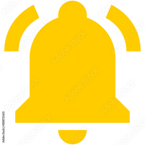 Notification bell solid icon, yellow bold alert symbol isolated on white