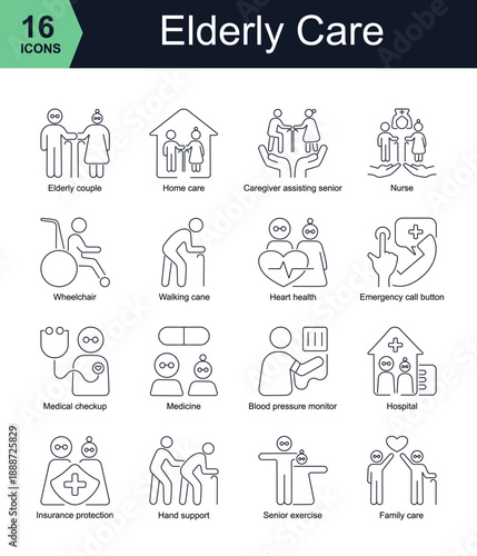 Clean elderly care line icon set with senior support, home care, nursing, medical assistance, mobility aids, and health monitoring. Scalable vector icons for healthcare apps and websites.