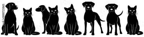 Cat and Dog Silhouette Icons: Sitting and Standing Poses, Pet Companions, Minimalist Black Design, Whiskers, Ears, Tail Shapes, Animal Contrast, Cute Lineup