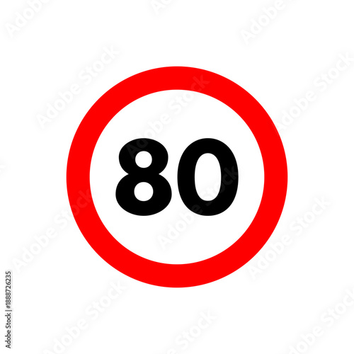 Speed limit 80 icon. Road traffic sign and symbol. Eighty kilometers per hour restriction. Vector illustration isolated on white background.
