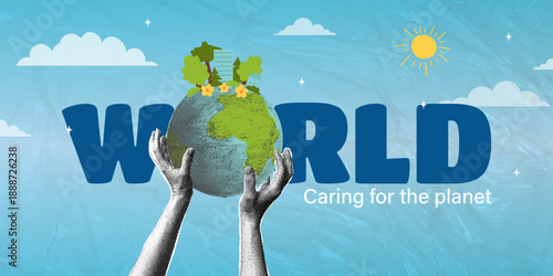 Caring for our planet. Trendy halftone collage. Ecology and environmental protection concept. Hands holding our planet. Vector illustration.