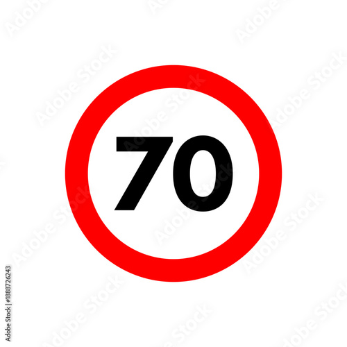 Speed limit 70 icon. Road traffic sign and symbol. Maximum seventy kilometers per hour restriction. Vector illustration isolated on white background.