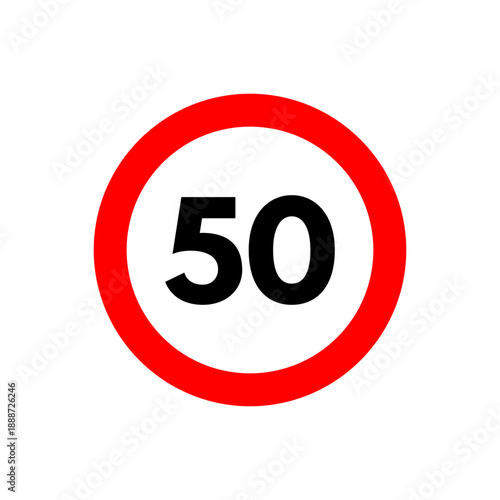 Speed limit 50 icon. Road traffic sign and symbol. Maximum fifty circular warning design. Vector illustration isolated on white background.