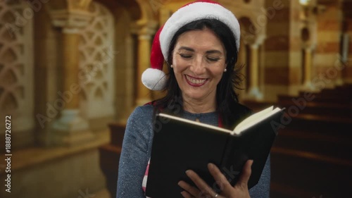 Middle aged woman quietly reads book with santa hat and red apron in ornate church nave; festive devotion.