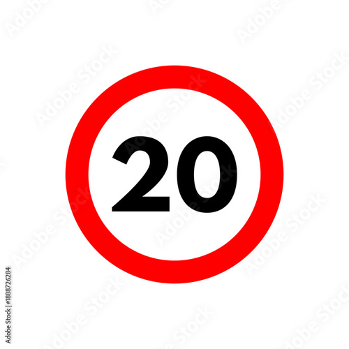Speed limit 20 icon. Road traffic sign and symbol. Red circle twenty kilometers per hour restriction. Vector illustration isolated on white background.