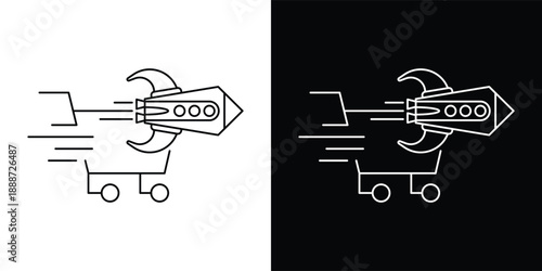 This silhouette icon illustrates a shopping cart combined with a horizontally positioned rocket, emphasizing extreme speed, instant movement, and efficiency in the shopping or checkout process