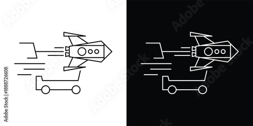 This silhouette icon illustrates a shopping cart combined with a horizontally positioned rocket, emphasizing extreme speed, instant movement, and efficiency in the shopping or checkout process