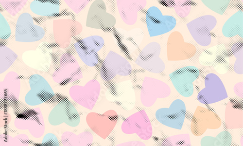Seamless pattern of retro romantic hearts background. Grunge halftone effect of crumpled paper. Nostalgy pattern. Design elements for Valentine's