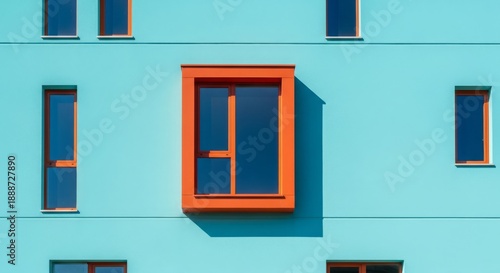 Vibrant Teal Building Facade with Striking Orange Window Frame.