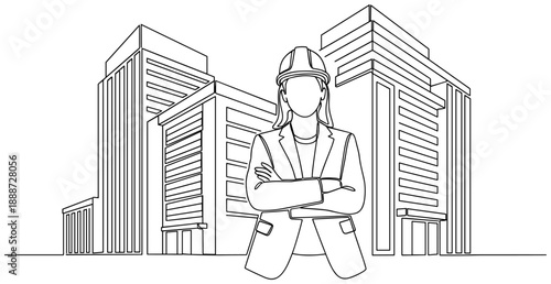 Architect and Urban Development Line Art: Construction Helmet, Blazer, High-Rise Buildings, Engineering, City Planning, Modern Architecture, Minimalist Style, Black and White Illustration