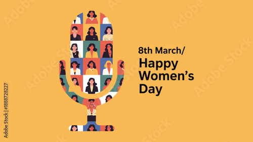 Women’s Day illustration, diverse female portraits in microphone shape, empowerment vector art, 8th March celebration, mustard yellow background