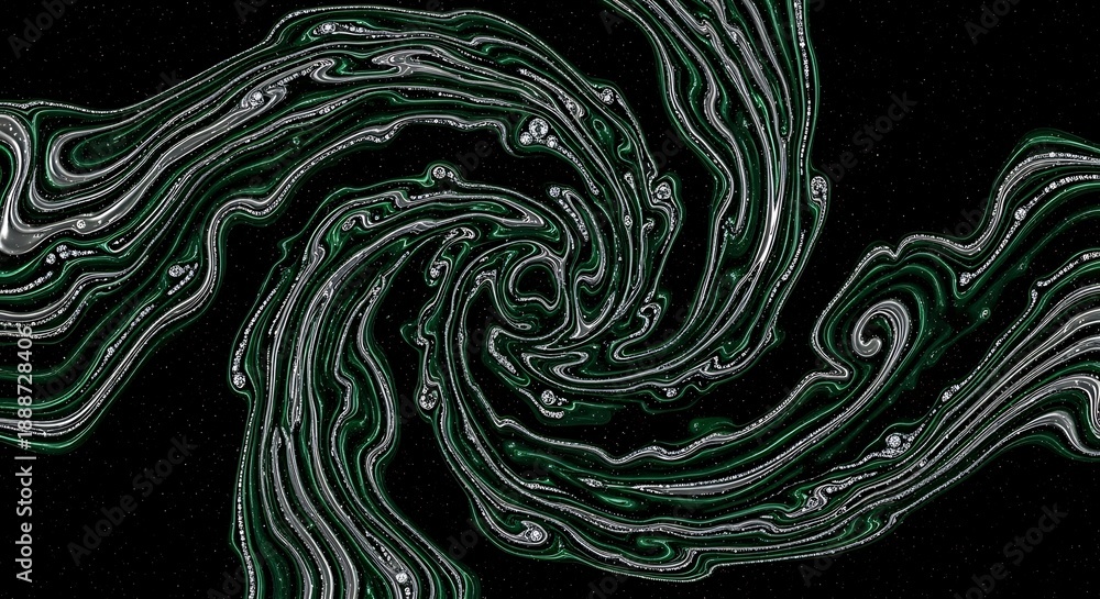 Obraz premium Swirling emerald and silver lines on a black textured space background