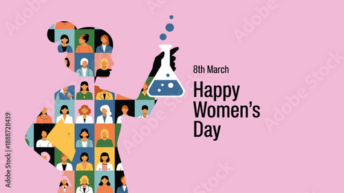 Women’s Day illustration, scientist silhouette with diverse female portraits, pink background, empowerment vector art, March 8 celebration design