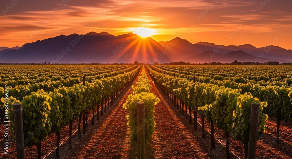 Fototapeta premium Golden Sunset Over Lush Vineyard Rows with Distant Mountains.
