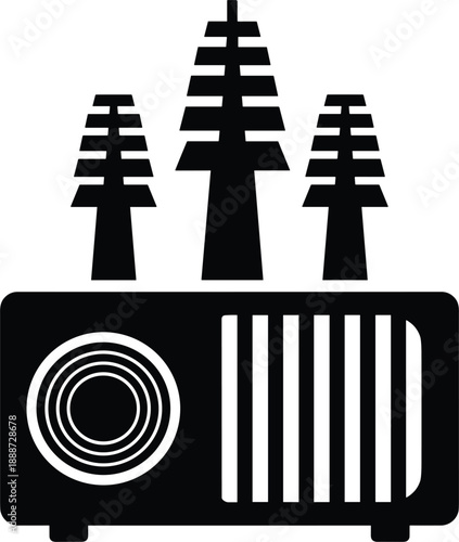 Retro radio vector illustration with forest trees symbolizing outdoor music camping nature broadcast and wilderness concept