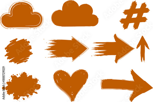 Graffiti Bold Brush Drawn Shape Set Hand Drawn Punk Stickers Cloud And Hashtag Symbols Grunge Rock Skull Heart And Arrow Shape