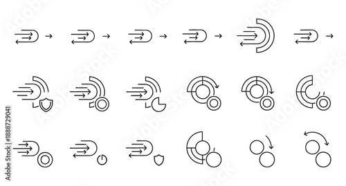 Data flow and circular process diagrams line icons