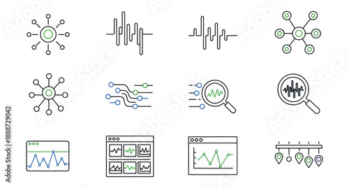 Data analytics and dashboard monitoring line icons set