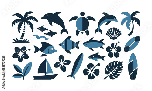 Blue ocean life icons flat tropical vector illustration
, easily editable.