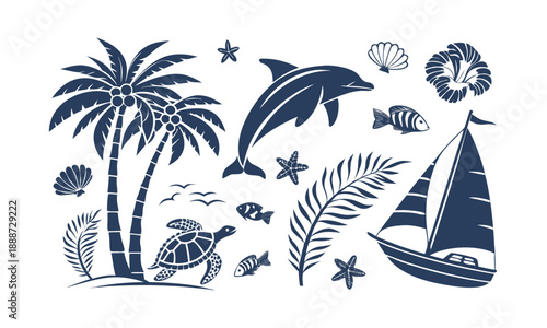 Monochrome blue tropical and ocean flat icon set vector illustration, easily editable.