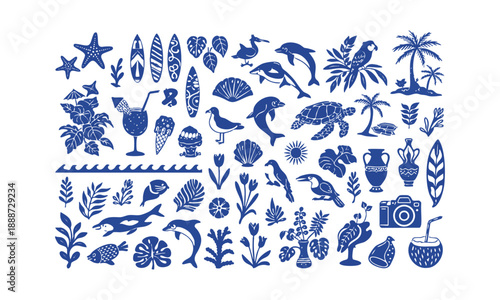 Flat blue marine life and tropical icon collection, easily editable.