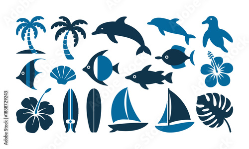 Blue ocean life icons flat tropical vector illustration, easily editable.
