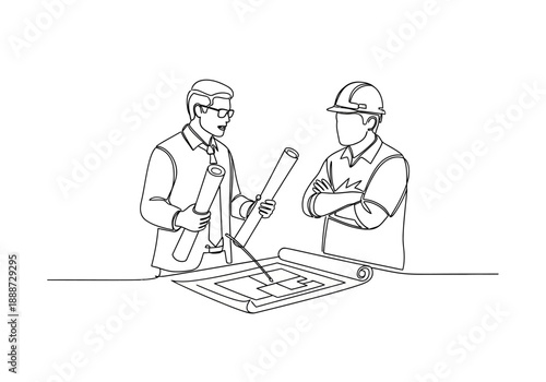 Architect and Engineer Reviewing Blueprint, One-Line Drawing Style