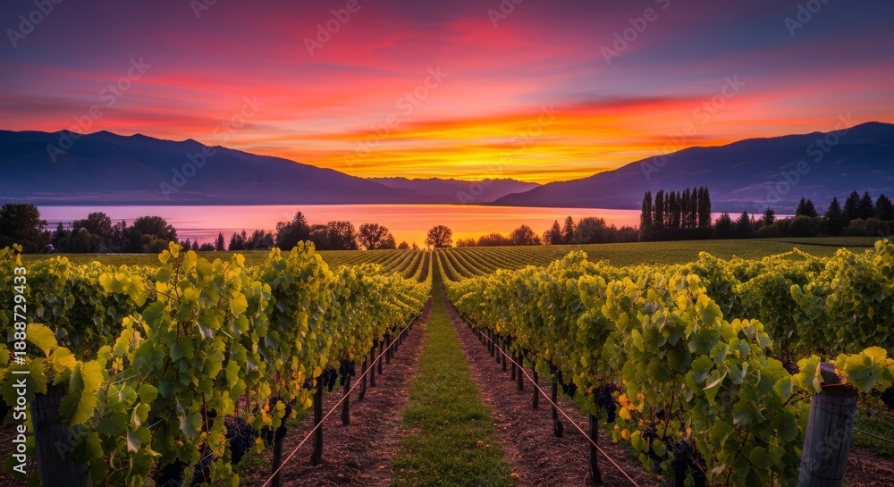 Fototapeta premium Vibrant Sunset Over Lush Vineyard with Lake and Mountains in Background.