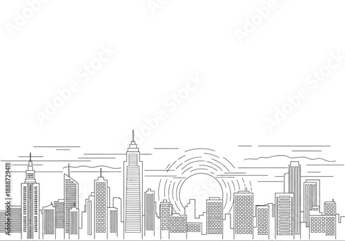 Minimalist Cityscape Outline with Rising Sun Graphic