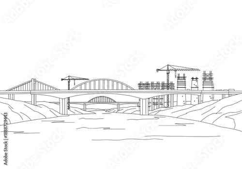 Bridge Construction Site with Cranes and River Landscape Outline