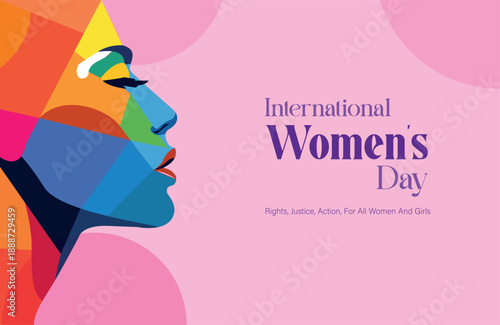 A vibrant, abstract illustration of stylized female faces in profile, created with bold geometric shapes and bright colors against a pink background. image captures the spirit of International Women's