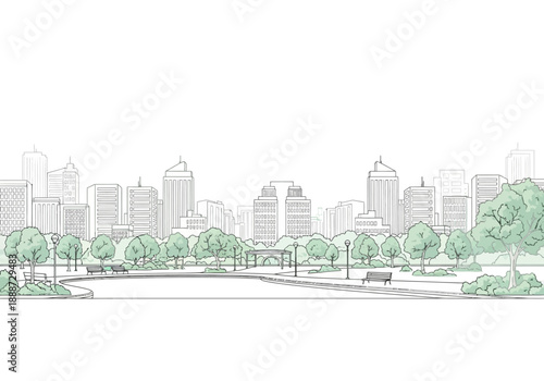Cityscape Park Illustration with Buildings and Green Trees