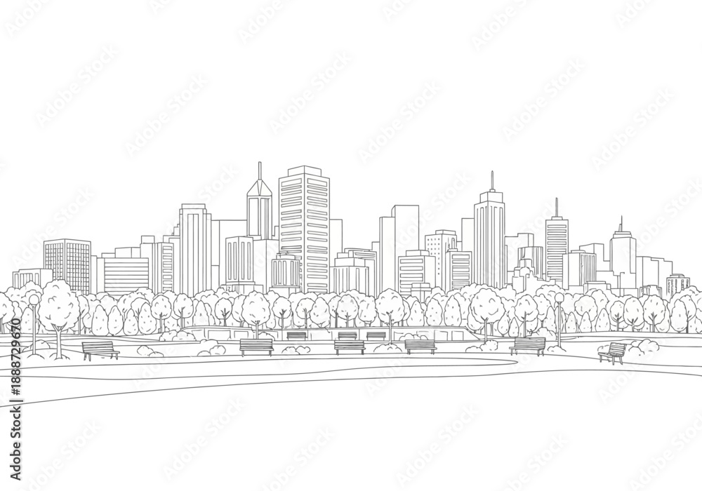 Obraz premium Cityscape Outline with Park: Urban Skyline Drawing