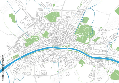 Detailed City Map with River and Green Spaces Illustration