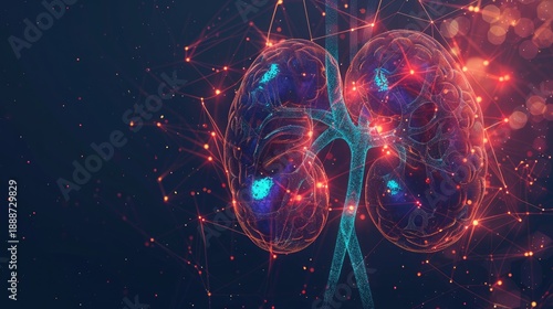 Visualization of glowing human kidneys with a complex network of luminous lines and structures. The construction of the anatomical organ of the human kidney.