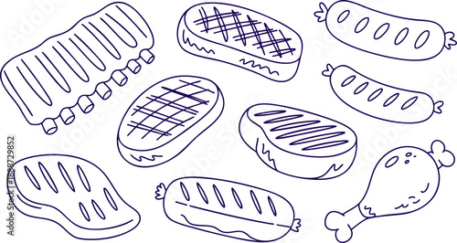 Grilled Meat and BBQ Illustration – Steak, Ribs, Sausage, and Chicken Drumstick Line Art Vector