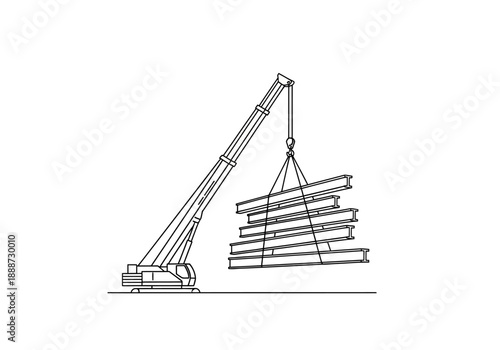 Crane Lifting Steel Beams Outline Illustration