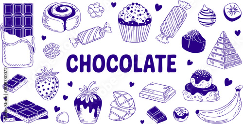 Chocolate Dessert Illustration – Cupcakes, Bars, Candies, Strawberries and Sweet Treats Vector
